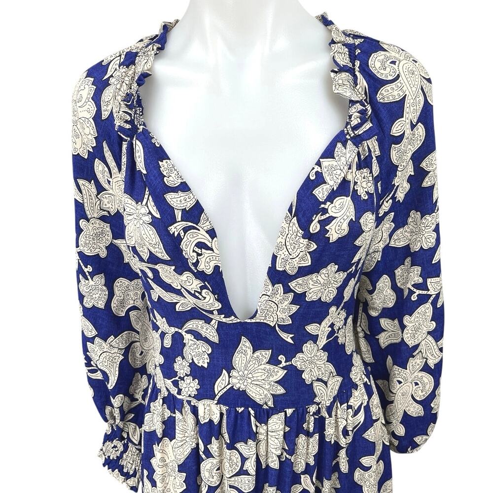 Zara Blue White Floral Plunge V-Neck 3/4 Balloon Sleeve Midi Maxi A-line Dress M - Picture 11 of 11